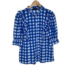 Piombo Button Up Ruffle Blouse Womens Medium Blue White Check Cotton